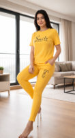 Women's Yellow Cotton Night Suit – Smile Printed T-Shirt & Pajama Set