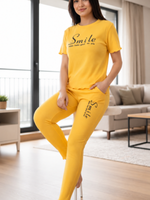 Women's Yellow Cotton Night Suit – Smile Printed T-Shirt & Pajama Set