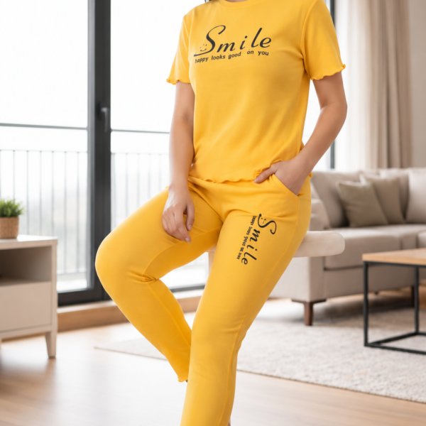 Women's Yellow Cotton Night Suit – Smile Printed T-Shirt & Pajama Set