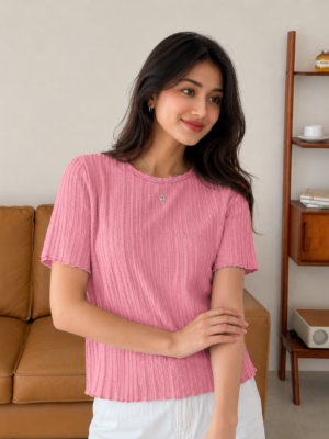 Women's Pink Ribbed Knit Round Neck Half Sleeve Casual Top