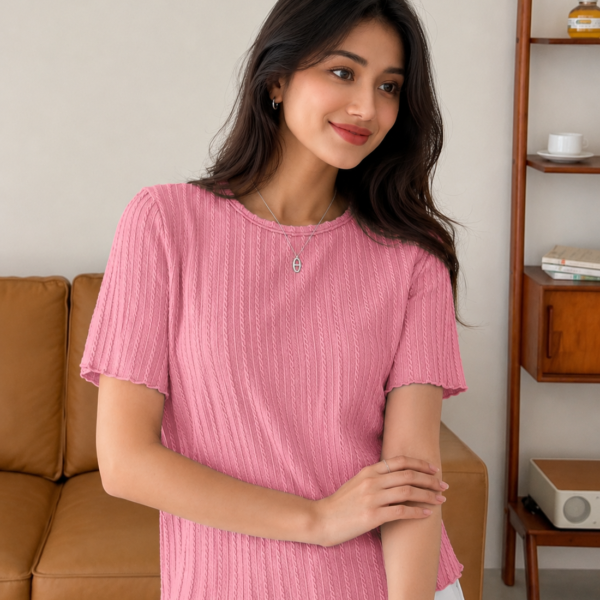 Women's Pink Ribbed Knit Round Neck Half Sleeve Casual Top