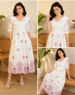 Women's Elegant White Floral Printed Cotton Midi Dress