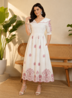 Women's Elegant White Floral Printed Cotton Midi Dress