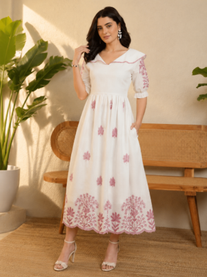 Women's Elegant White Floral Printed Cotton Midi Dress