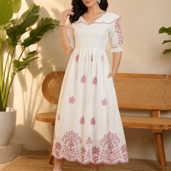Women's Elegant White Floral Printed Cotton Midi Dress