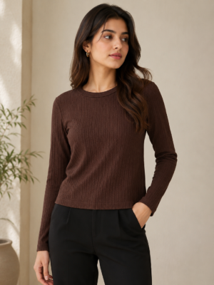Women's Premium Ribbed Full Sleeve T-Shirt – Coffee Brown
