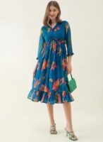 Women's Blue Floral Printed Midi Dress with 3/4 Sleeves