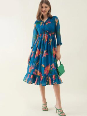 Women's Blue Floral Printed Midi Dress with 3/4 Sleeves