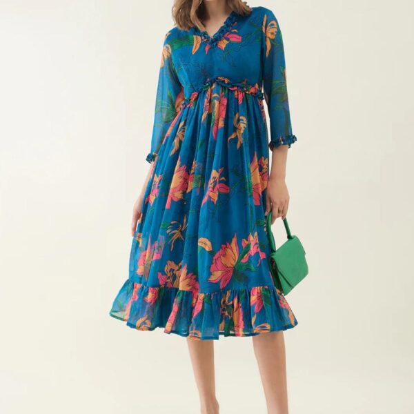 Women's Blue Floral Printed Midi Dress with 3/4 Sleeves