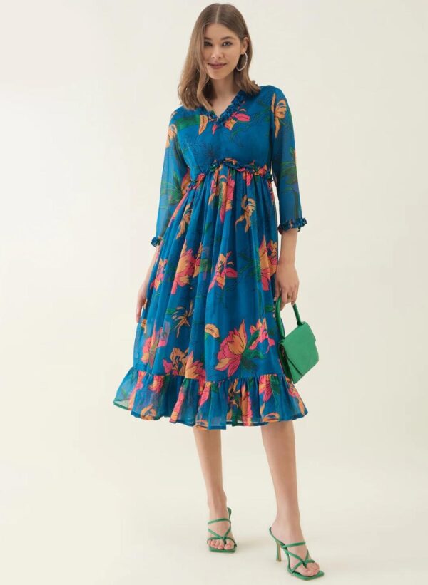 Women's Blue Floral Printed Midi Dress with 3/4 Sleeves